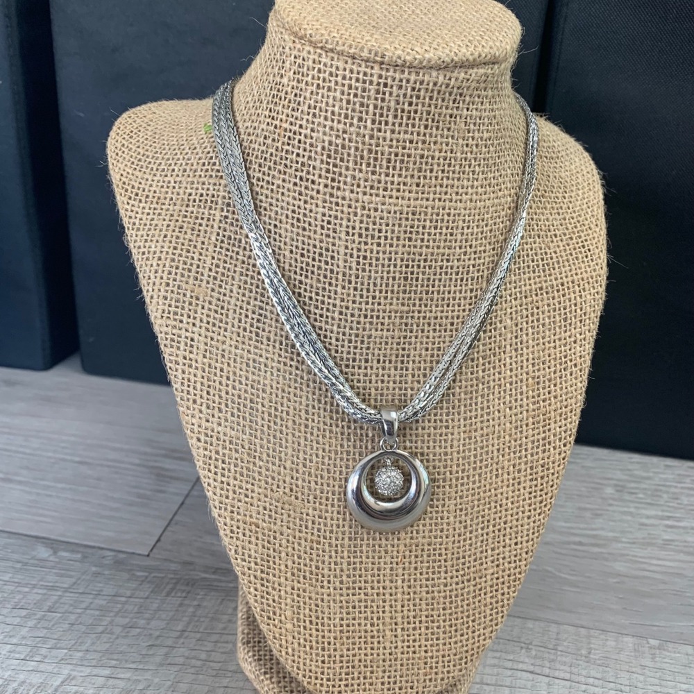 Lia Sophia Silver Tone Multi Strand Wheat Chain Pave Crystal Circle Necklace